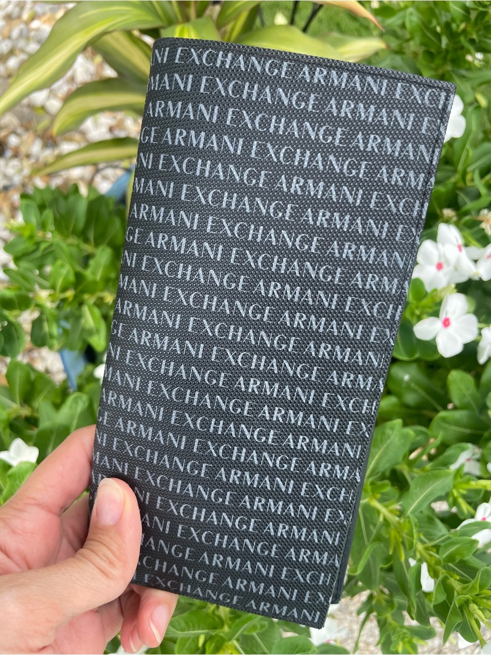 A|X Armani Exchange Black White Monogram Logo Men’s Bifold Cash Checkbook Wallet